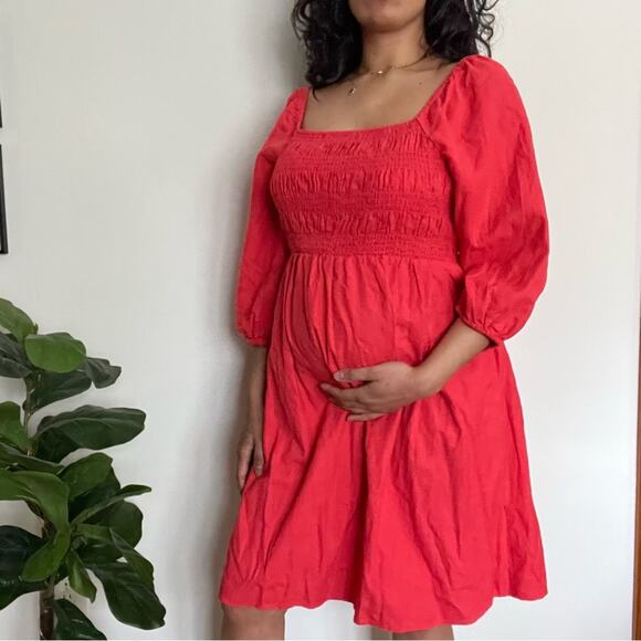 Ingrid + Isabel Maternity Peasant Mini Dress Medium Coral Red Cottagecore Linen - Picture 12 of 13